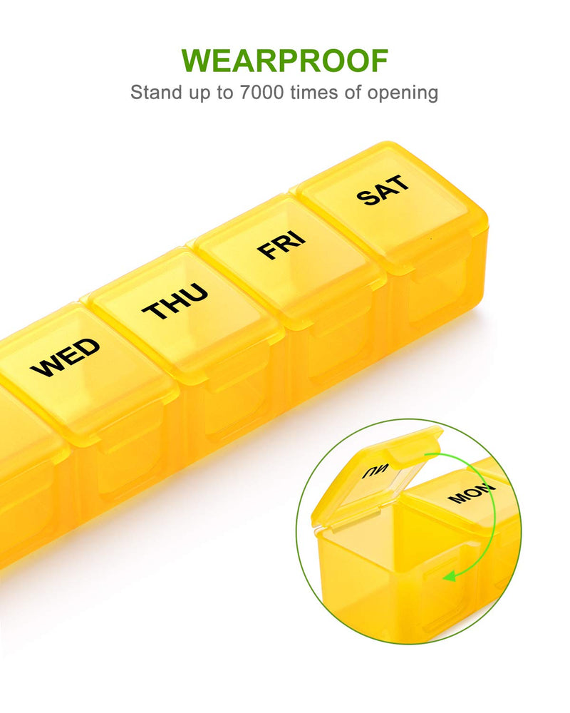 a plastic container with a number of days of the week with text: 'WEARPROOF Stand up to 7000 times of opening WED THU FRI SAT MON'