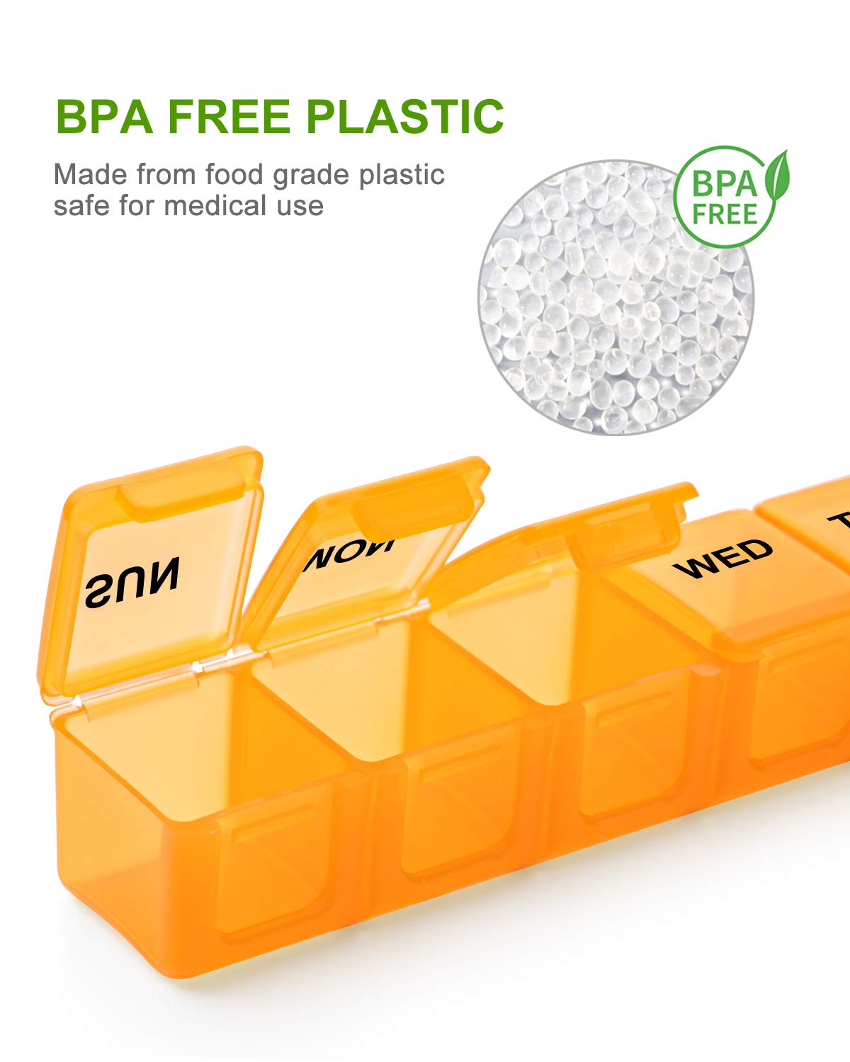 a plastic pill box with open lid with text: 'BPA FREE PLASTIC Made from food grade plastic safe for medical use BPA FREE WED'