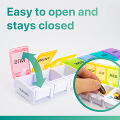 a pill box with a pill in it with text: 'Easy to open and stays closed Won WED MED SUKUOS'