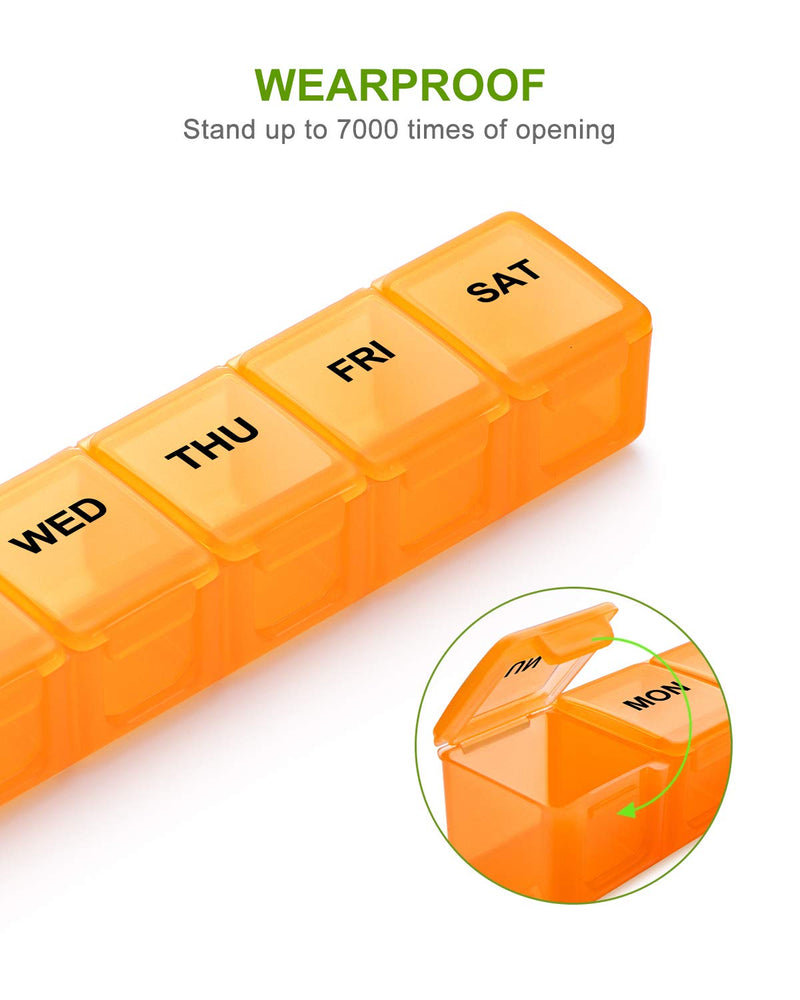 a plastic pill box with a number of compartments with text: 'WEARPROOF Stand up to 7000 times of opening WED THU FRI SAT MOM'