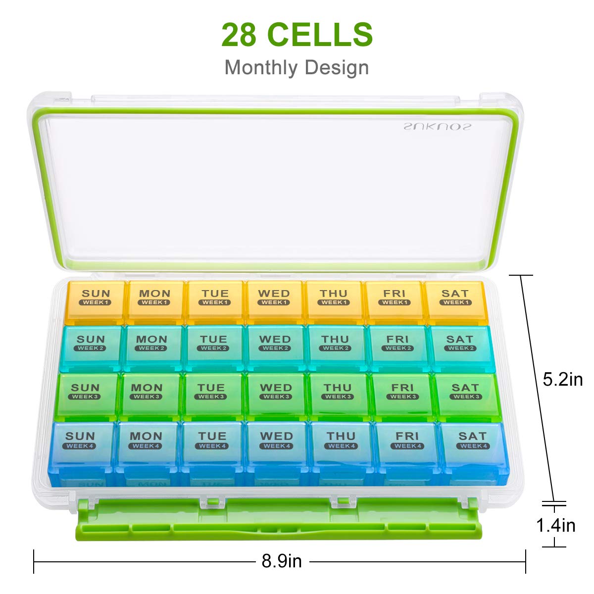 a plastic pill box with different colors with text: '28 CELLS Monthly Design SUN MON TUE WED THU FRI SAT WEEK 1 WEEK 1 WEEK 1 WEEK 1 WEEK 1 WEEK 1 WEEK 1 SUN MON TUE WED THU SAT WEEK 2 WEEK 2 WEEK 2 WEEK 2 WEEK 2 WEEK 2 WEEK 2 5.2in SUN MON TUE WED THU FRI SAT WEEK 3 WEEK 3 WEEK 3 WEEK 3 WEEK 3 WEEK3 WEEK 3 SUN MON TUE WED THU FRI SAT WEEK 4 WEEK 4 WEEK 4 WEEK 4 WEEK 4 WEEK 4 WEEK 4 1.4in 8.9in'