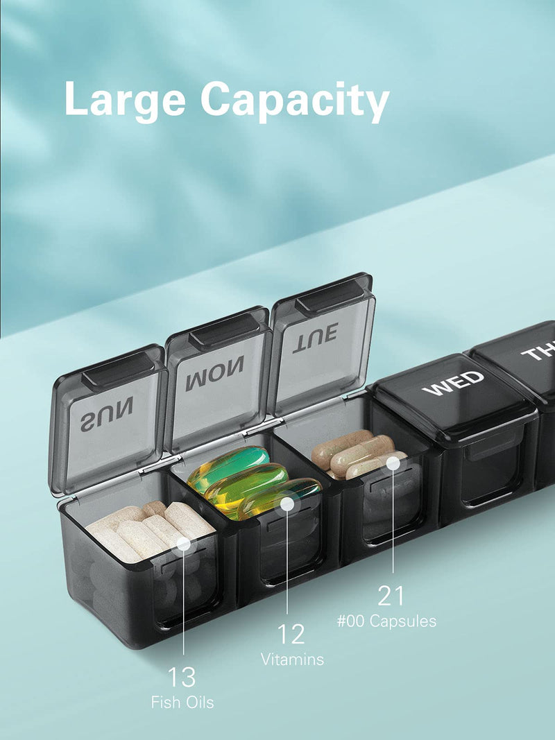 a pill organizer with different pills in it with text: 'Large Capacity TH WED 21 12 #00 Capsules 13 Vitamins Fish Oils'