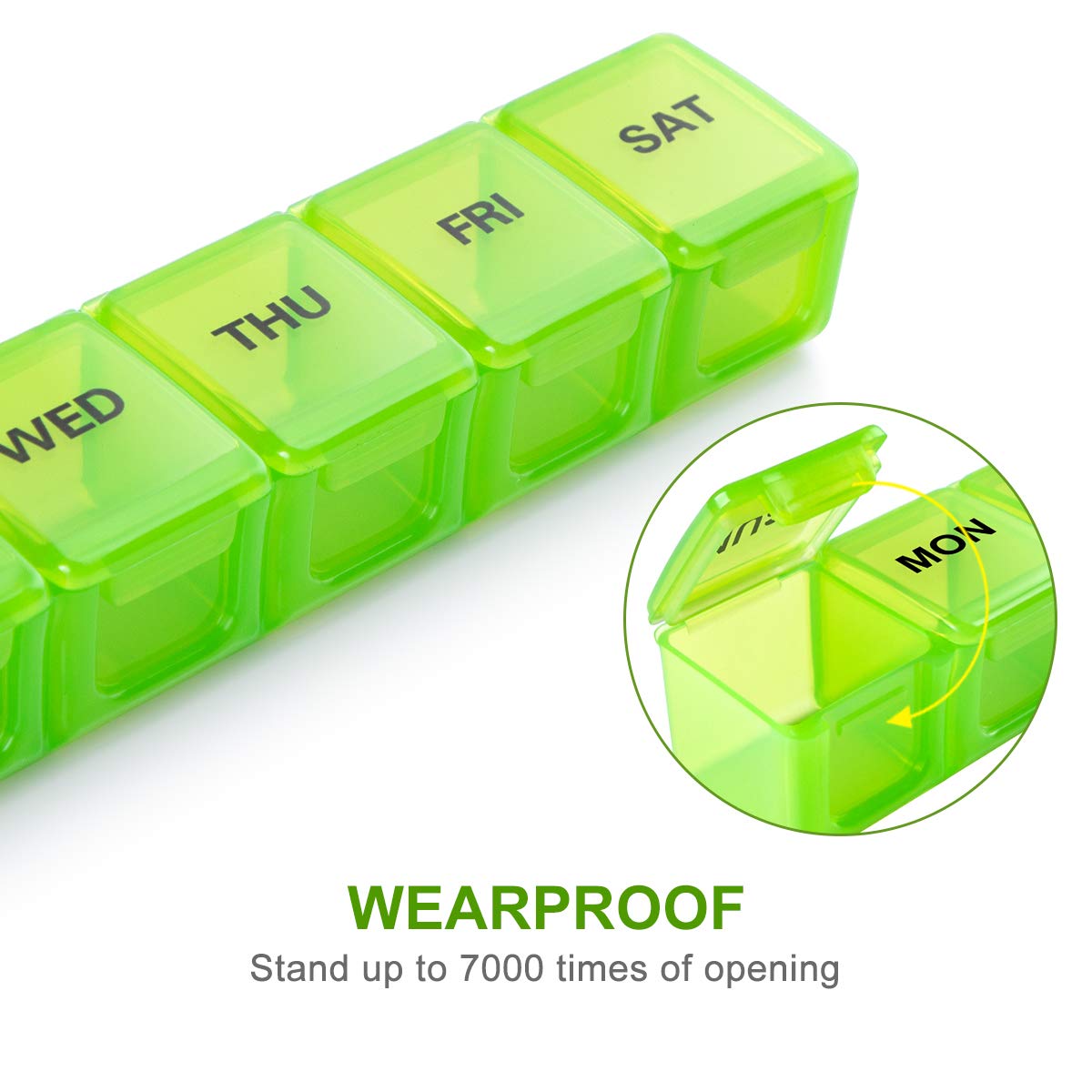 a green plastic pill box with text: 'WED THU FRI SAT WEARPROOF Stand up to 7000 times of opening'