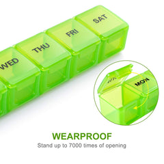 a green plastic pill box with text: 'WED THU FRI SAT WEARPROOF Stand up to 7000 times of opening'