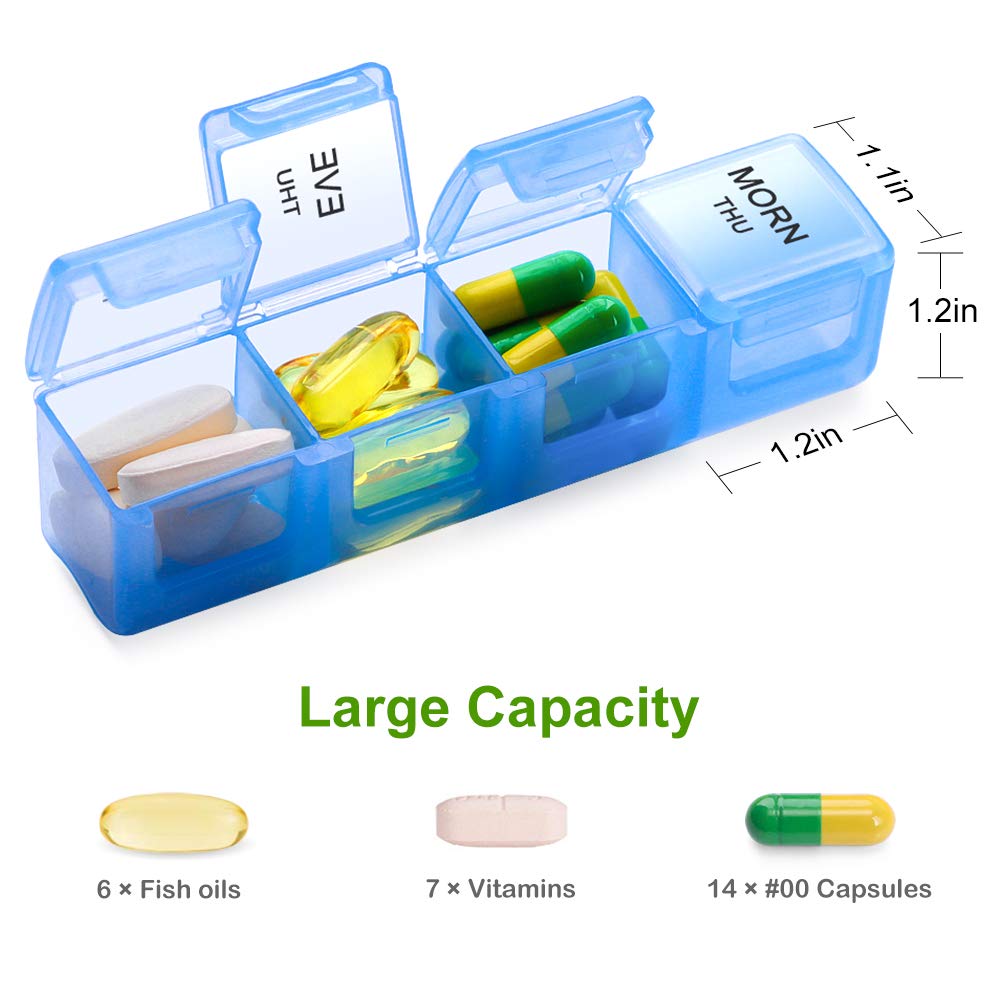 a blue pill box with different pills in it with text: '1.1in MORN UHT THU 1.2in 1.2in Large Capacity 6 Fish oils 7 Vitamins 14 #00 Capsules'