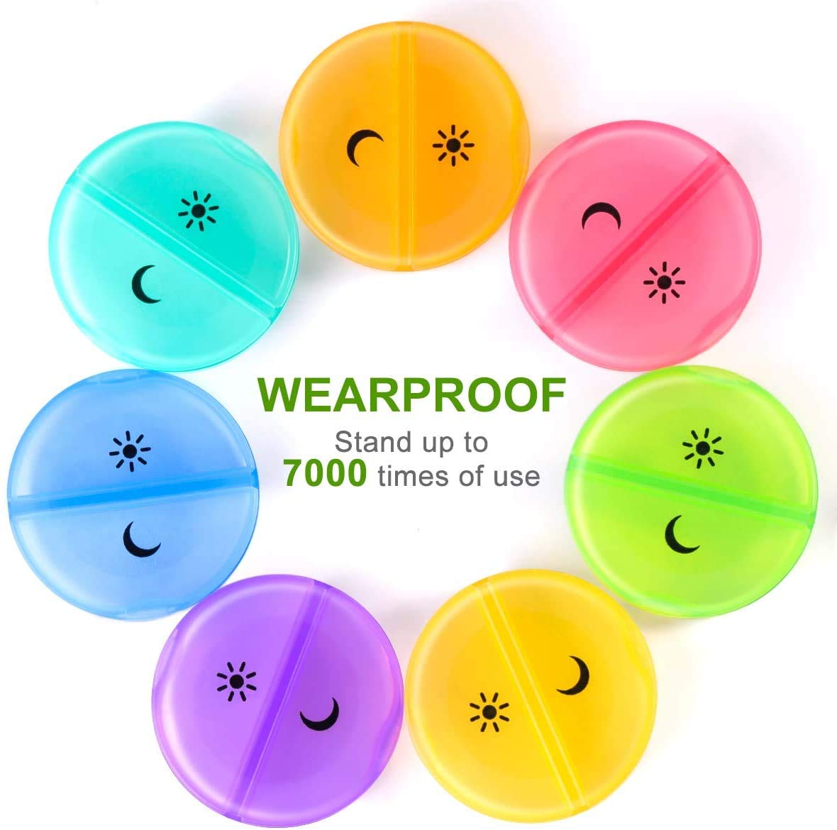 a group of colorful plastic containers with text: 'C WEARPROOF Stand up to 7000 times of use'