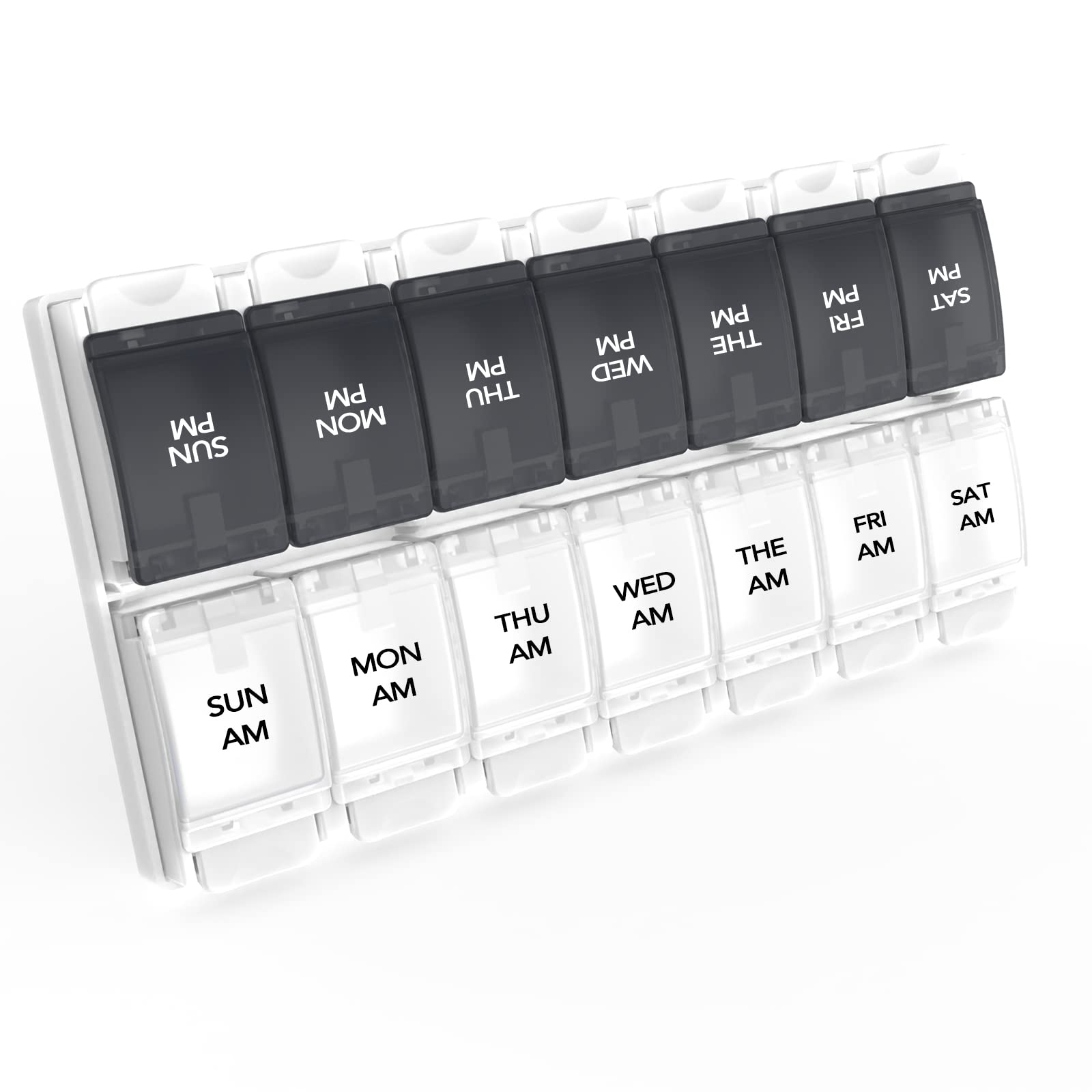 a plastic pill organizer with black and white labels with text: 'PM PM SUN PM PM PM MON THU THE FRI PM WED SAT SAT SUN MON THU WED THE FRI AM AM AM AM AM AM AM'