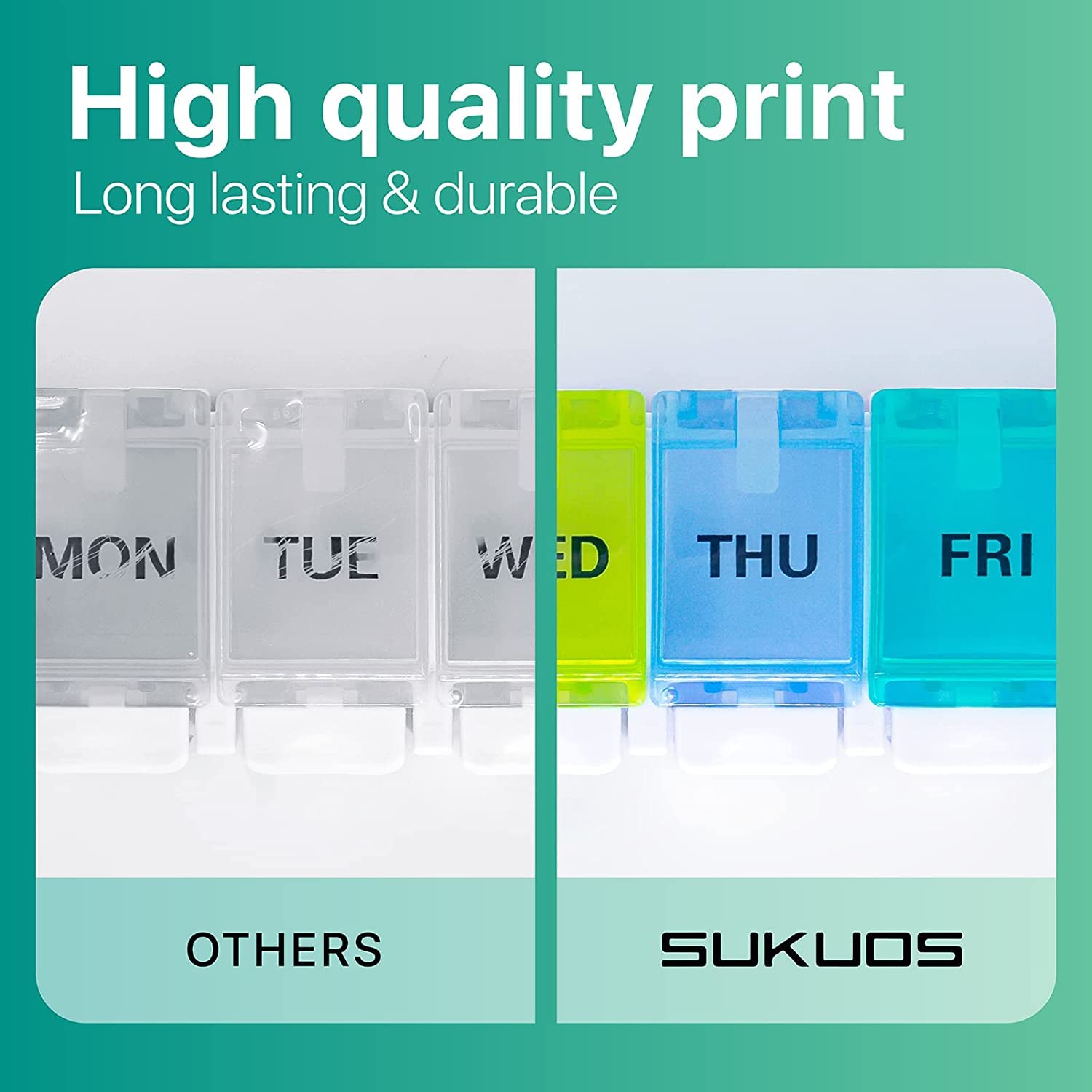 a group of plastic containers with different colors with text: 'High quality print Long lasting & durable TUE THU FRI OTHERS SUKUOS'