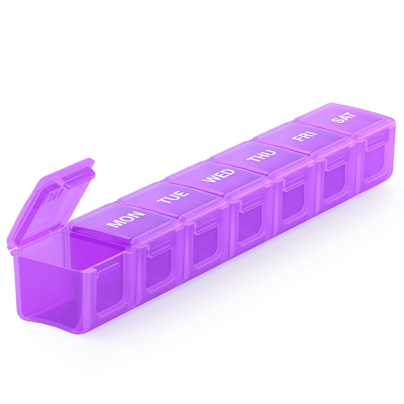 a purple plastic pill box with text: 'MON TUE WED THU SAT'