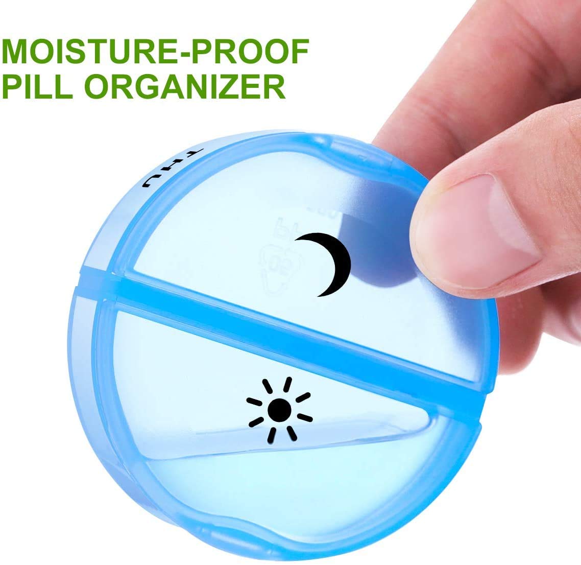 a hand holding a pill organizer with text: 'MOISTURE-PROOF PILL ORGANIZER'