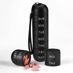 a pill organizer with pink pills with text: 'SUN MON TUE WED THU SAT FRI FRI SAT WED THU'