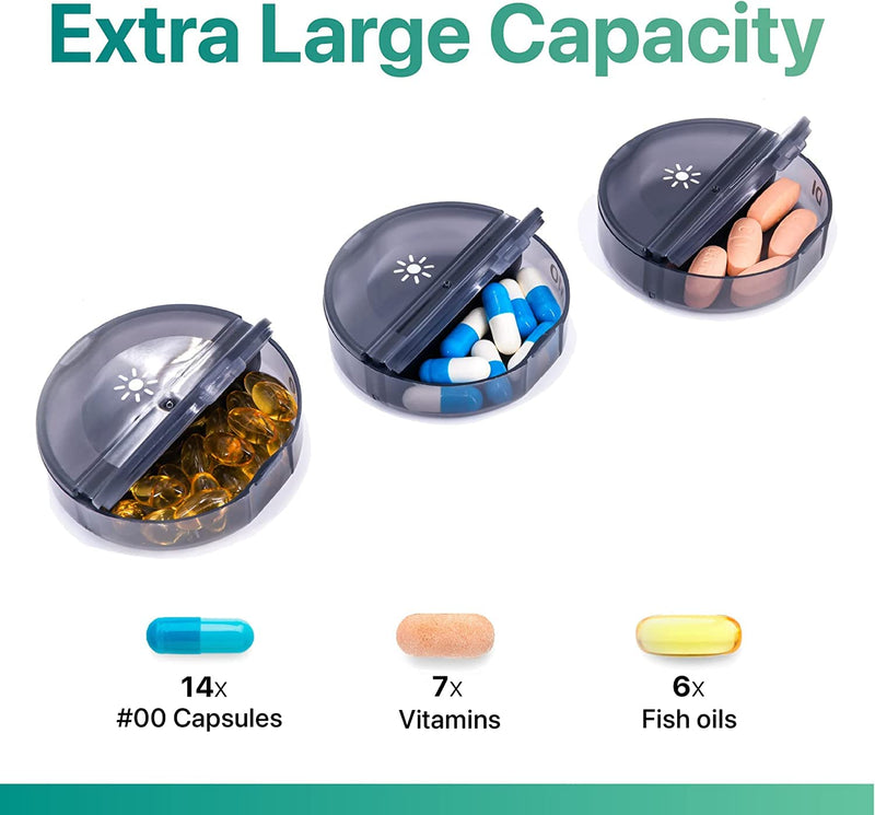 a group of pills in containers with text: 'Extra Large Capacity 14x 7x 6x #00 Capsules Vitamins Fish oils'