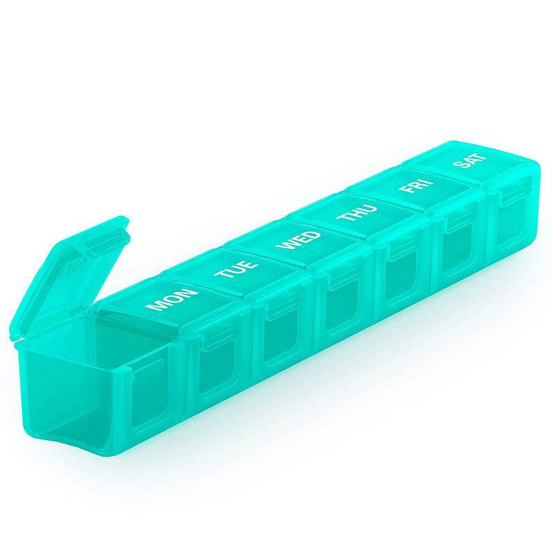 a plastic pill box with a lid with text: 'MON TUE WED THU SAT'