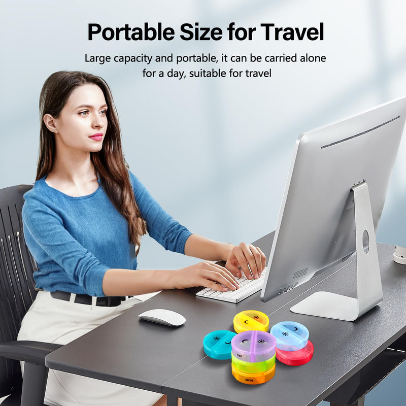 a person sitting at a desk using a computer with text: 'Portable Size for Travel Large capacity and portable, it can be carried alone for a day, suitable for travel C SAT MON'