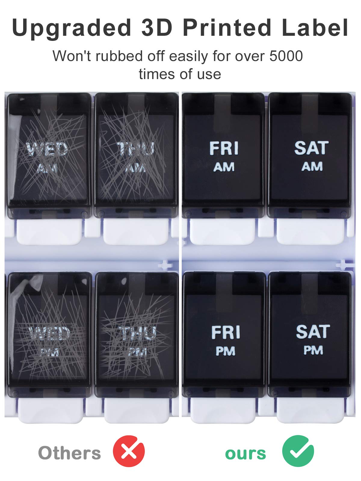 a group of black and white plastic containers with white text with text: 'Upgraded 3D Printed Label Won't rubbed off easily for over 5000 times of use FRI SAT AM AM THU FRI SAT PM PM Others ours'