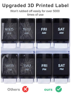 a group of black and white plastic containers with white text with text: 'Upgraded 3D Printed Label Won't rubbed off easily for over 5000 times of use FRI SAT AM AM THU FRI SAT PM PM Others ours'