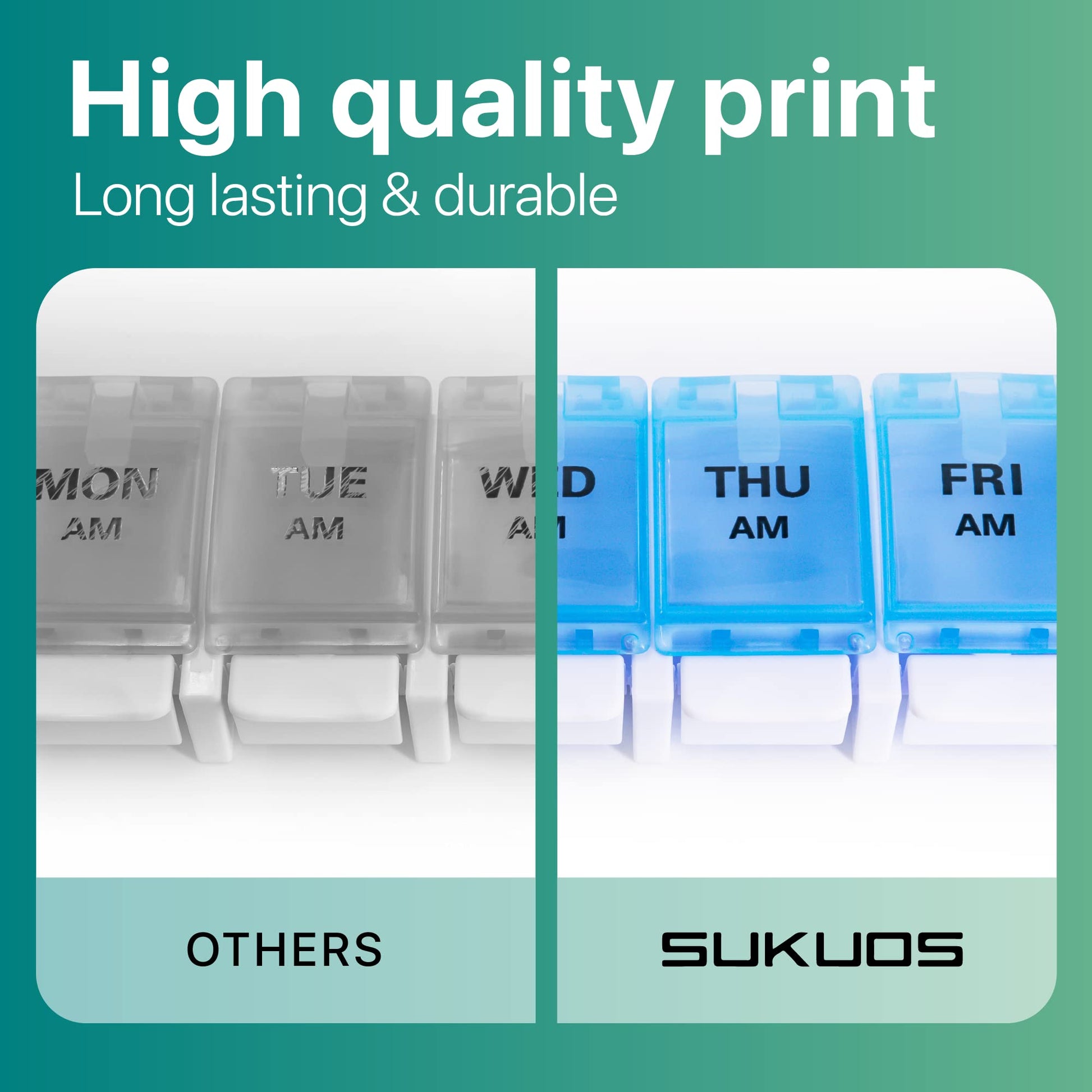 a group of plastic containers with black and blue text with text: 'High quality print Long lasting & durable MON WD THU FRI AM AM 1 AM AM OTHERS SUKUOS'