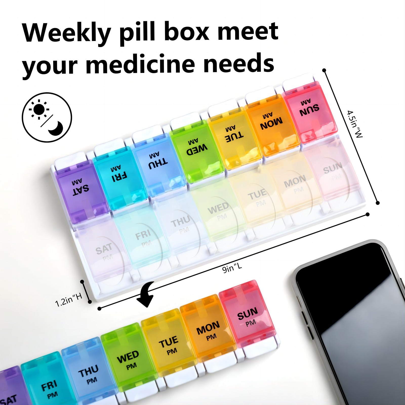 a plastic pill box with different colors and numbers with text: 'Weekly pill box meet your medicine needs AM AM AM AM AM AM SAT FRI AM THU WED TUE MON SUN 4.5in"W SAT FRI THU WED TUE MON SUN PM PM PM PM PM PM 9in "L CAT FRI THU WED TUE MON SUN PM PM PM PM PM PM'