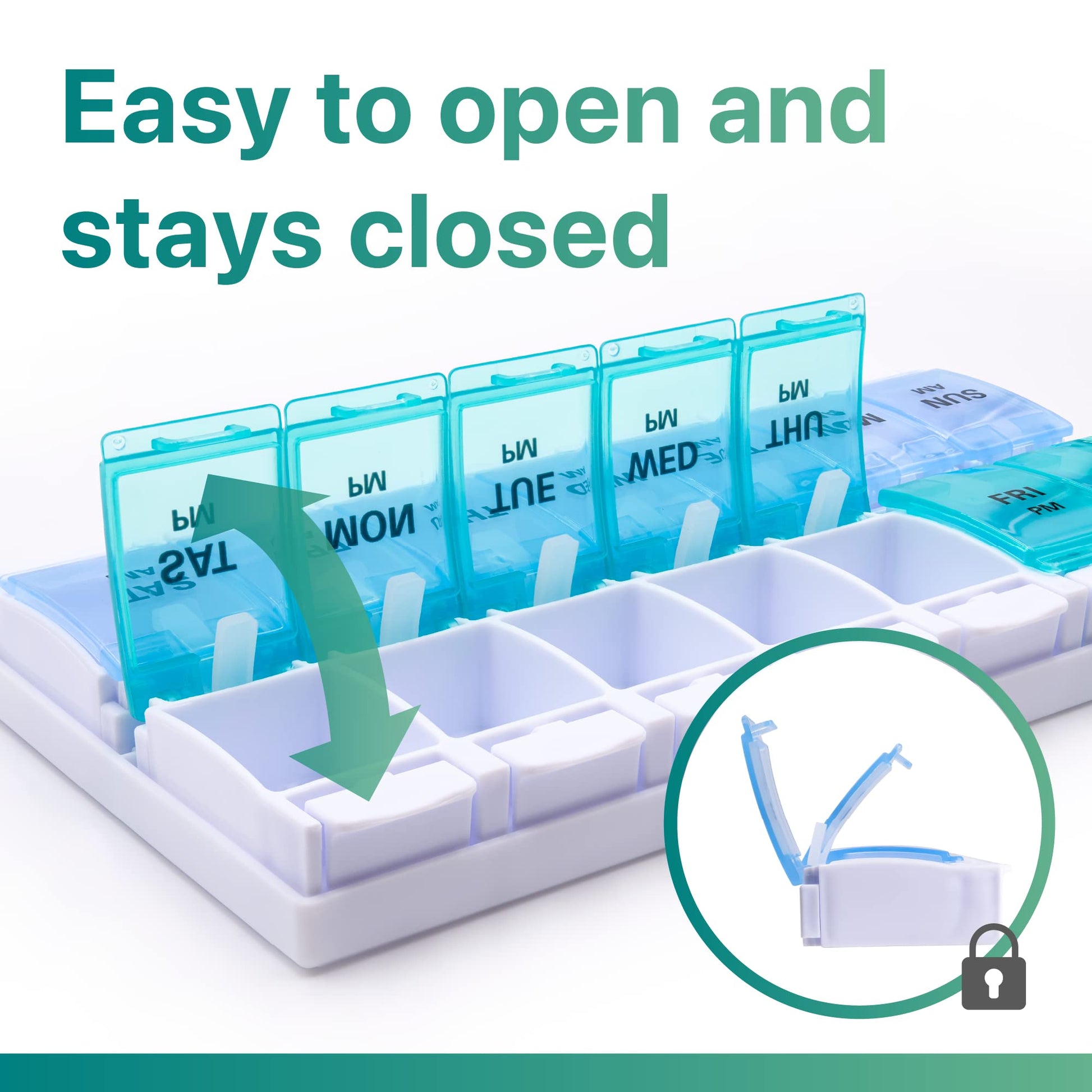 a plastic pill organizer with blue and green plastic containers with text: 'UHT ИОМ MED stays closed Easy to open and'