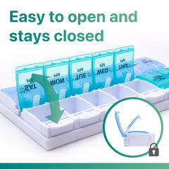 a plastic pill organizer with blue and green plastic containers with text: 'UHT ИОМ MED stays closed Easy to open and'