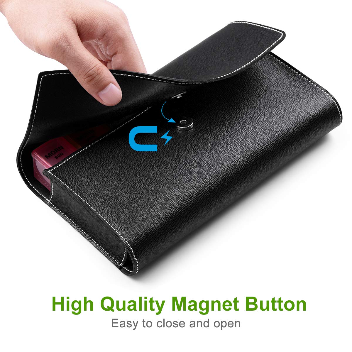 a hand holding a black leather wallet with text: 'MORN SUN High Quality Magnet Button Easy to close and open'