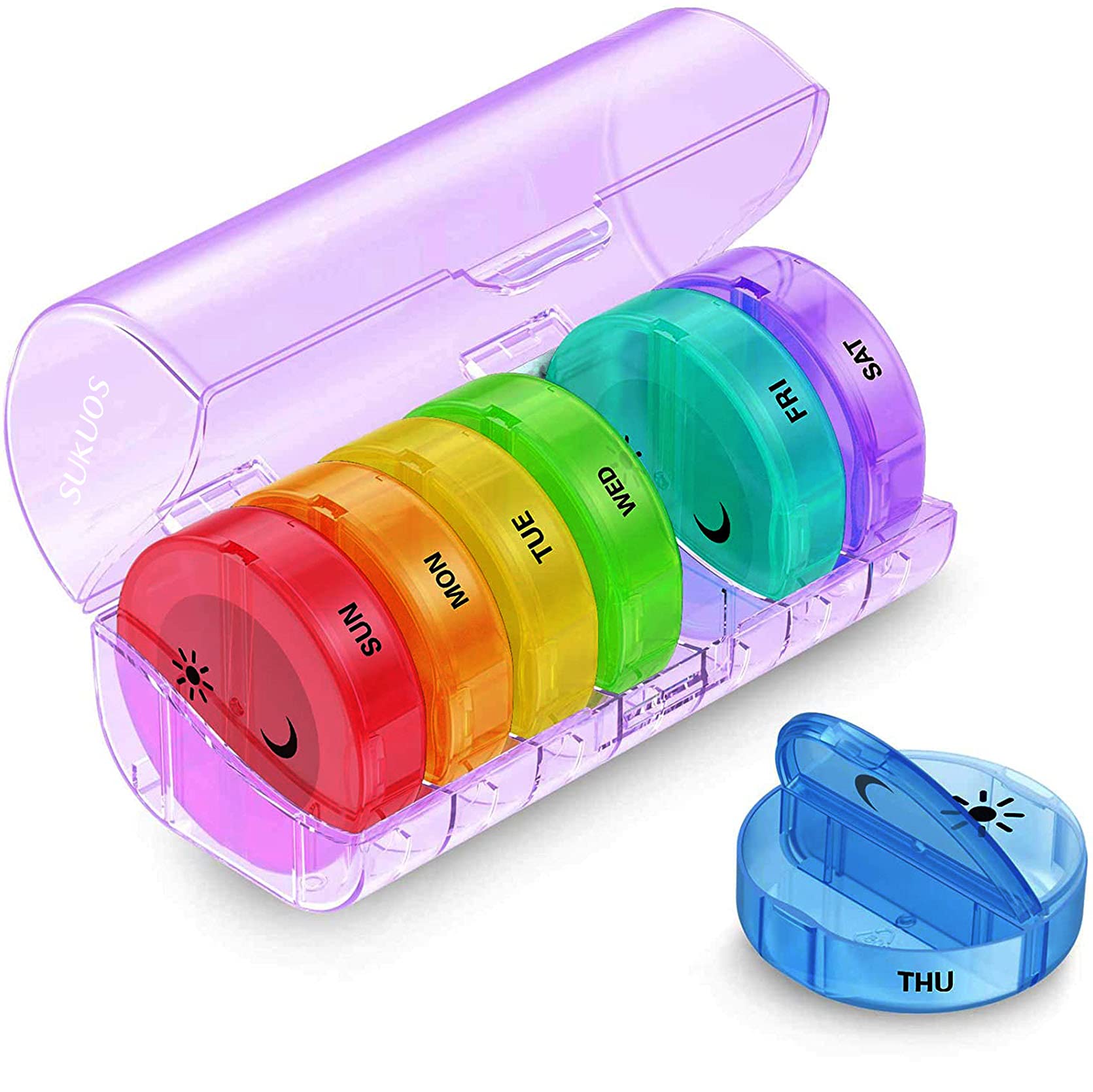 a plastic container with different colors of pills in it with text: 'SUKUOS SUN MON TUE THU WED FRI SAT'