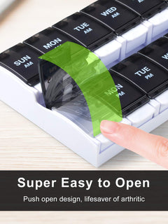 a finger pressing a green button on a calendar with text: 'SUN MON AM TUE WED AM AM SU MON TUE PM PM Super Easy to Open Push open design, lifesaver of arthritic'