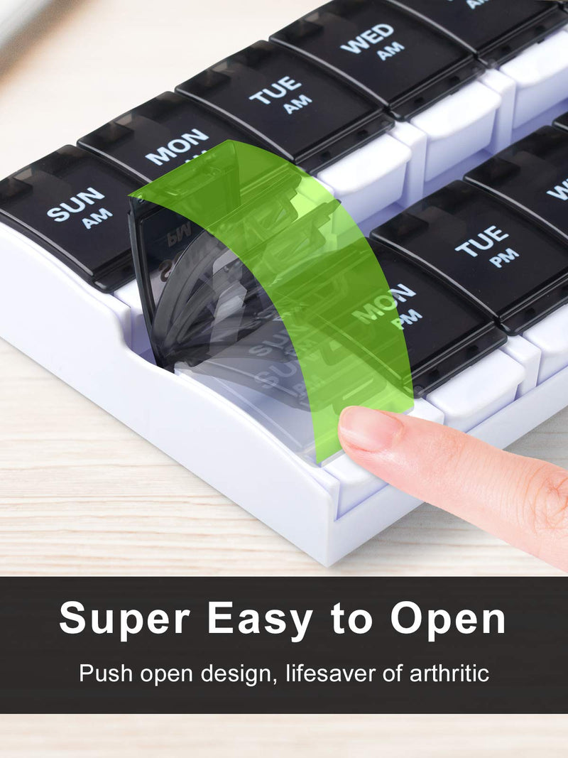 a finger pressing a green button on a calendar with text: 'SUN MON AM TUE WED AM AM SU MON TUE PM PM Super Easy to Open Push open design, lifesaver of arthritic'