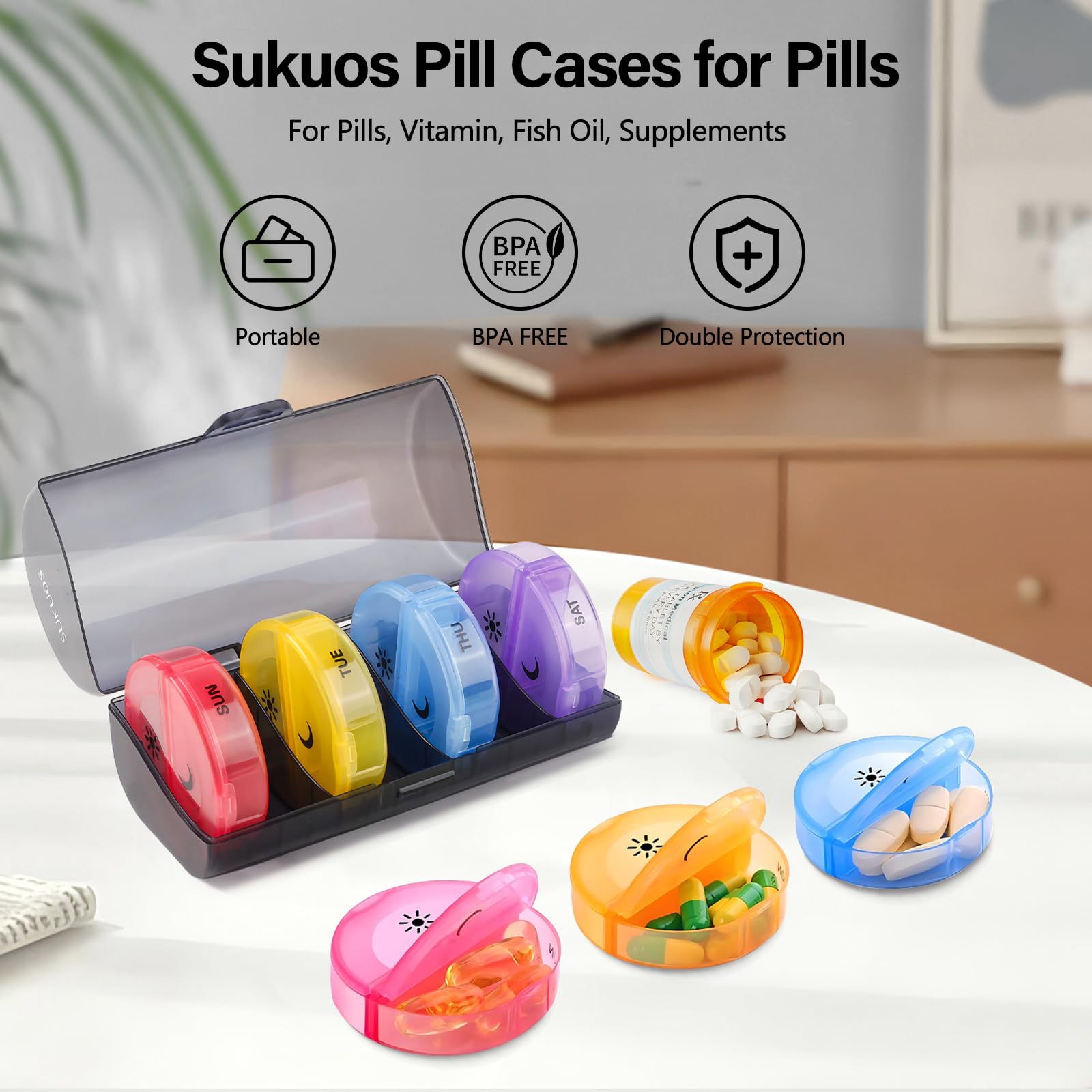 a pill organizer on a table with text: 'Sukuos Pill Cases for Pills For Pills, Vitamin, Fish Oil, Supplements BPA FREE Portable BPA FREE Double Protection SAT SUKUOS THU UE SUN'