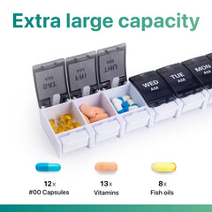 a pill organizer with different types of pills with text: 'Extra large capacity MA MA MA WED TUE MON AM AM AM 12x #00 Capsules 13x Vitamins 8x Fish oils'