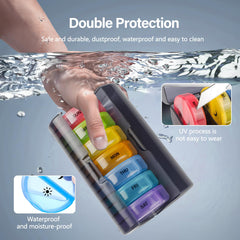 a hand holding a pill box with text: 'Double Protection and durable, dustproof, waterproof and easy to clean TUE SUN UV process is not easy to wear MON THU FRI SAT Waterproof and moisture-proof'