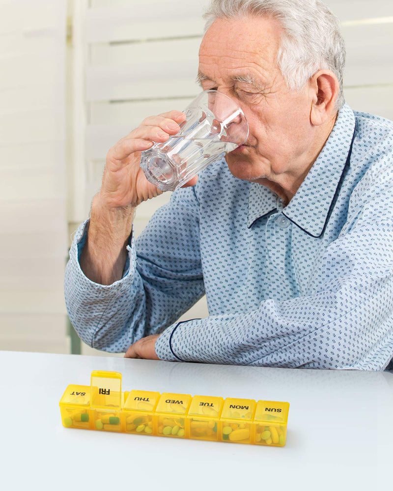 an old person drinking water from a glass with text: 'SUN MON TUE WED THU FRI SAT'