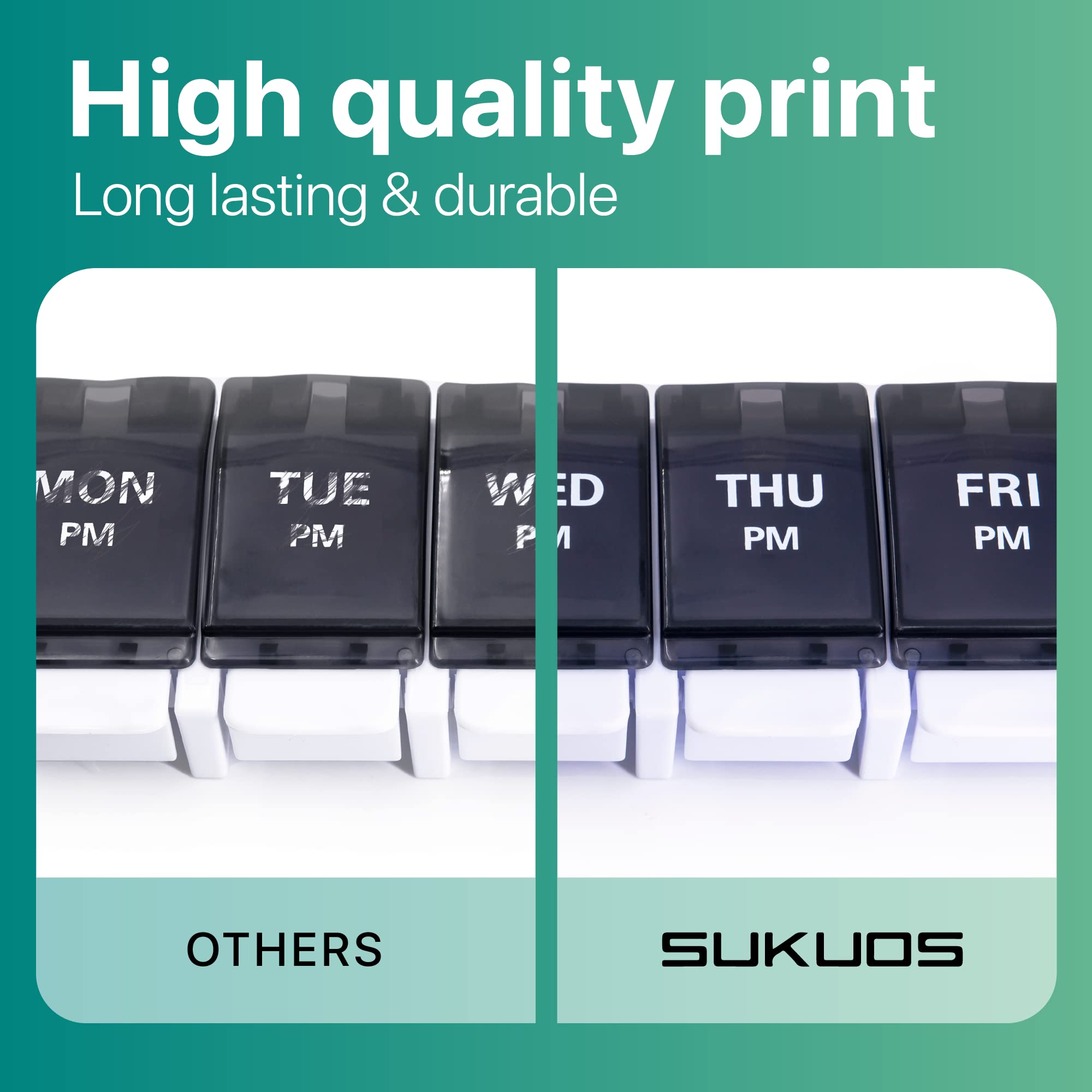 a group of black and white plastic boxes with white text with text: 'High quality print Long lasting & durable MON THU FRI PM PM PM PM OTHERS SUKUOS'