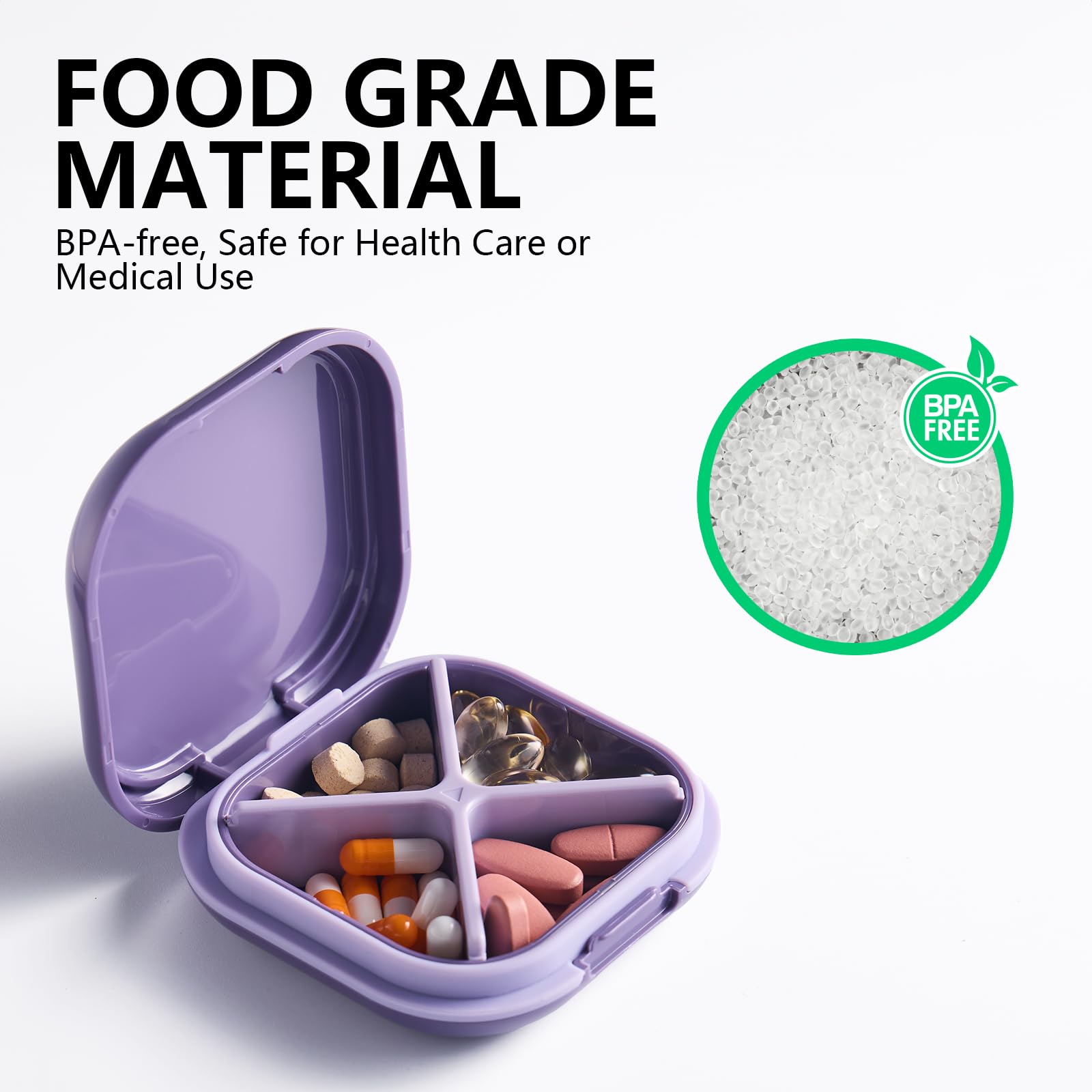 a pill box with pills in it with text: 'FOOD GRADE MATERIAL BPA-free, Safe for Health Care or Medical Use FREE'