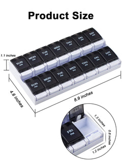 a close-up of a pill organizer with text: 'Product Size 1.1 inches T SUN MON TUE AM AM WED AM THU AM FRI AM SAT AM AM 4.6 inches SUN MON TUE PM WED PM THU PM FRI PM SAT PM PM PM 8.9 inches 1.3 inches FRI PM 0.8 inches 1.2 inches'