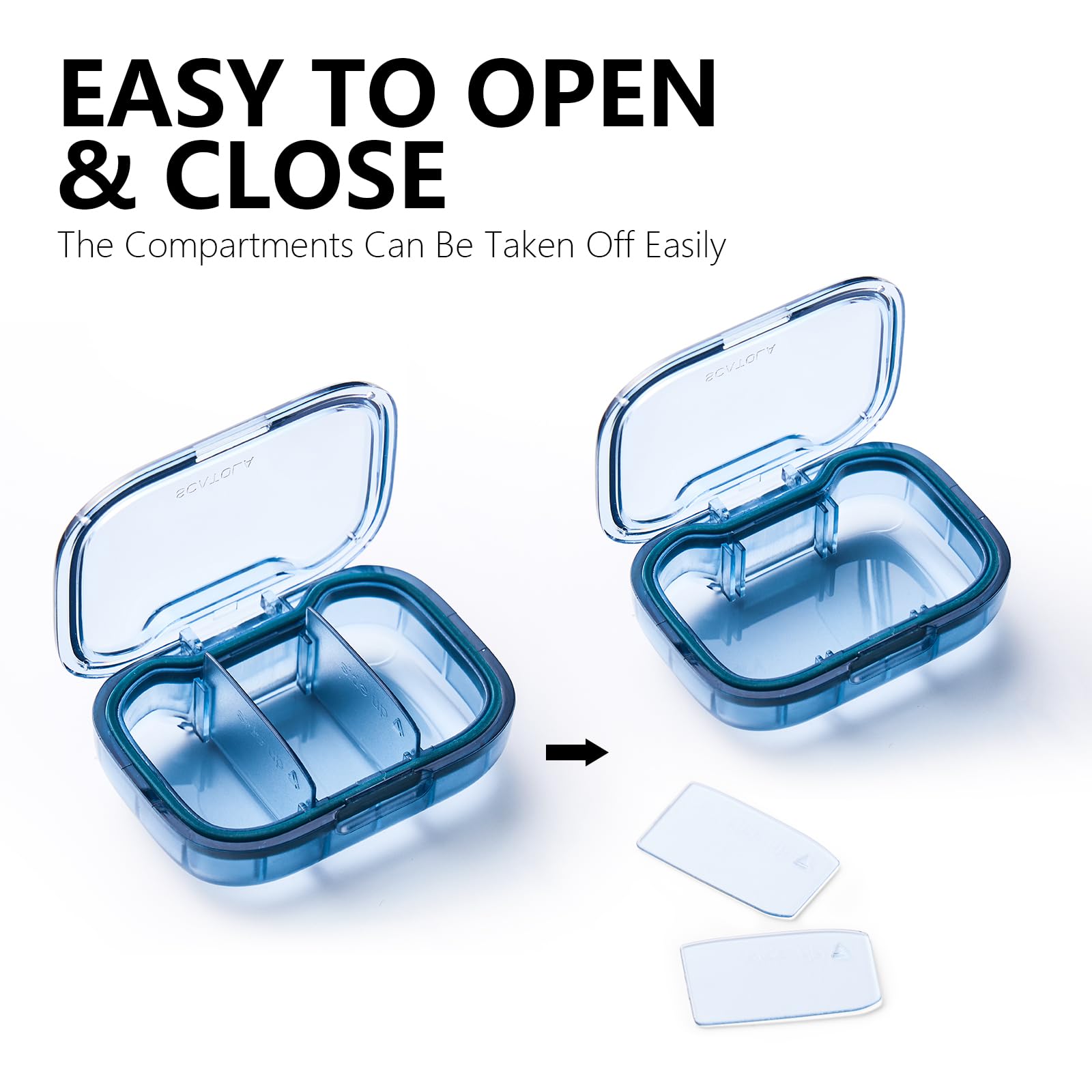 a blue plastic container with a lid open with text: 'EASY TO OPEN & CLOSE The Compartments Can Be Taken Off Easily'