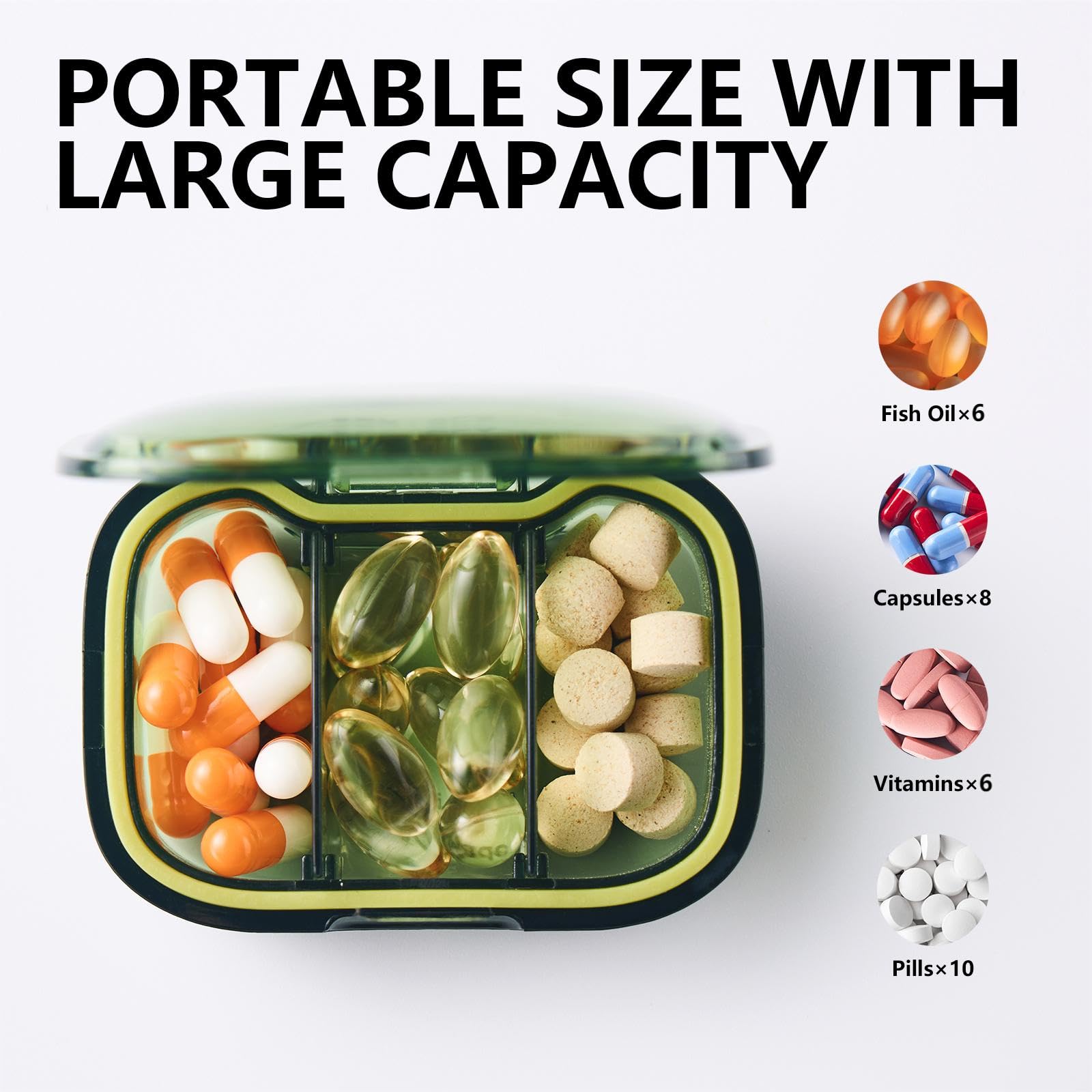 a container with different pills and capsules with text: 'PORTABLE SIZE WITH LARGE CAPACITY Fish Capsules×8'