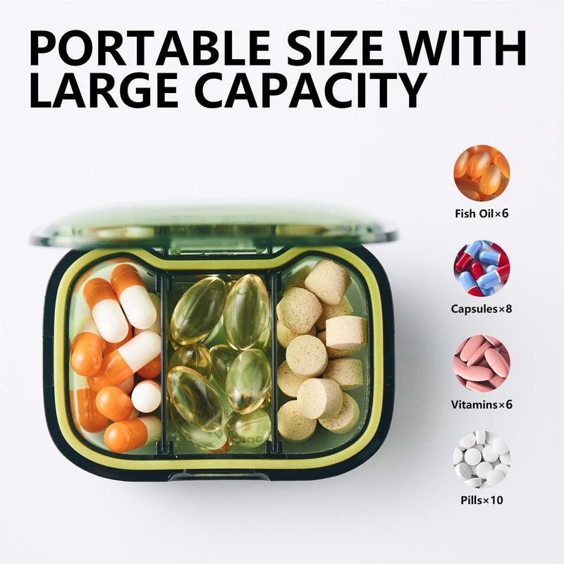 a container with different pills and capsules with text: 'PORTABLE SIZE WITH LARGE CAPACITY Fish Capsules×8'