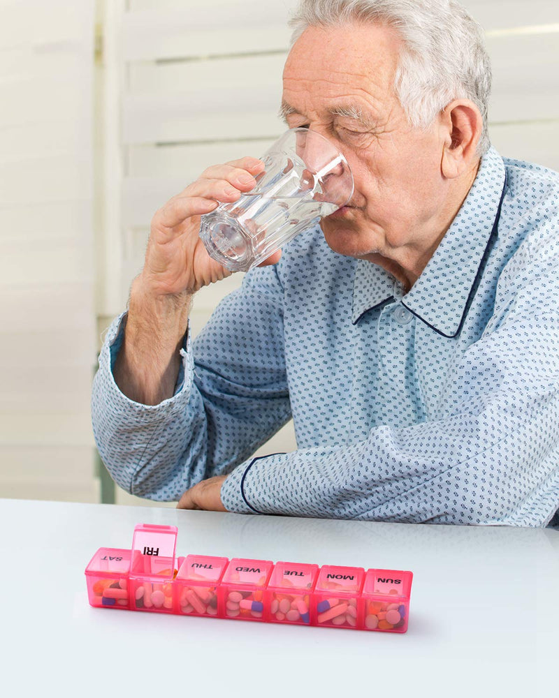 an old person drinking water from a glass with text: 'SUN MON TUE WED THU SAT FRI'