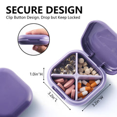 a pill box with different pills in it with text: 'SECURE DESIGN Clip Button Design, Drop but Keep Locked 3.2in"L 3.2in"W'