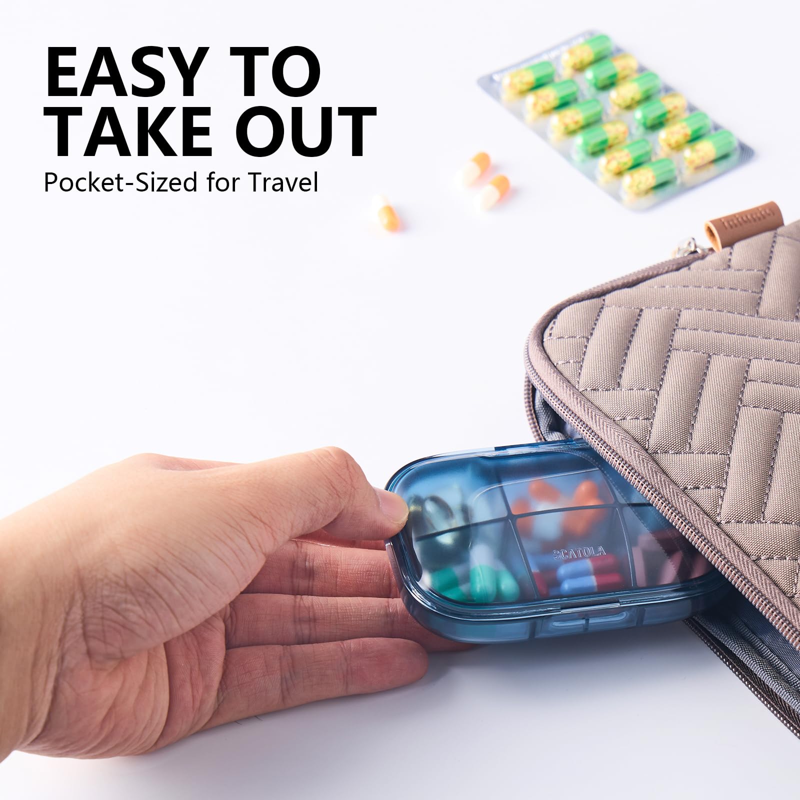 a hand opening a pill case with text: 'EASY TO TAKE OUT Pocket-Sized for Travel SCATOLA'