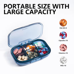 a container with different pills with text: 'PORTABLE SIZE WITH LARGE CAPACITY Fish 10'