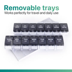 a plastic container with black plastic containers with text: 'Removable trays Works perfectly for travel and daily use PM PM PM PM PM PM PM SAT FRI THU WED TUE MON SUN SAT FRI THU WED TUE MON SUN AM AM AM AM'