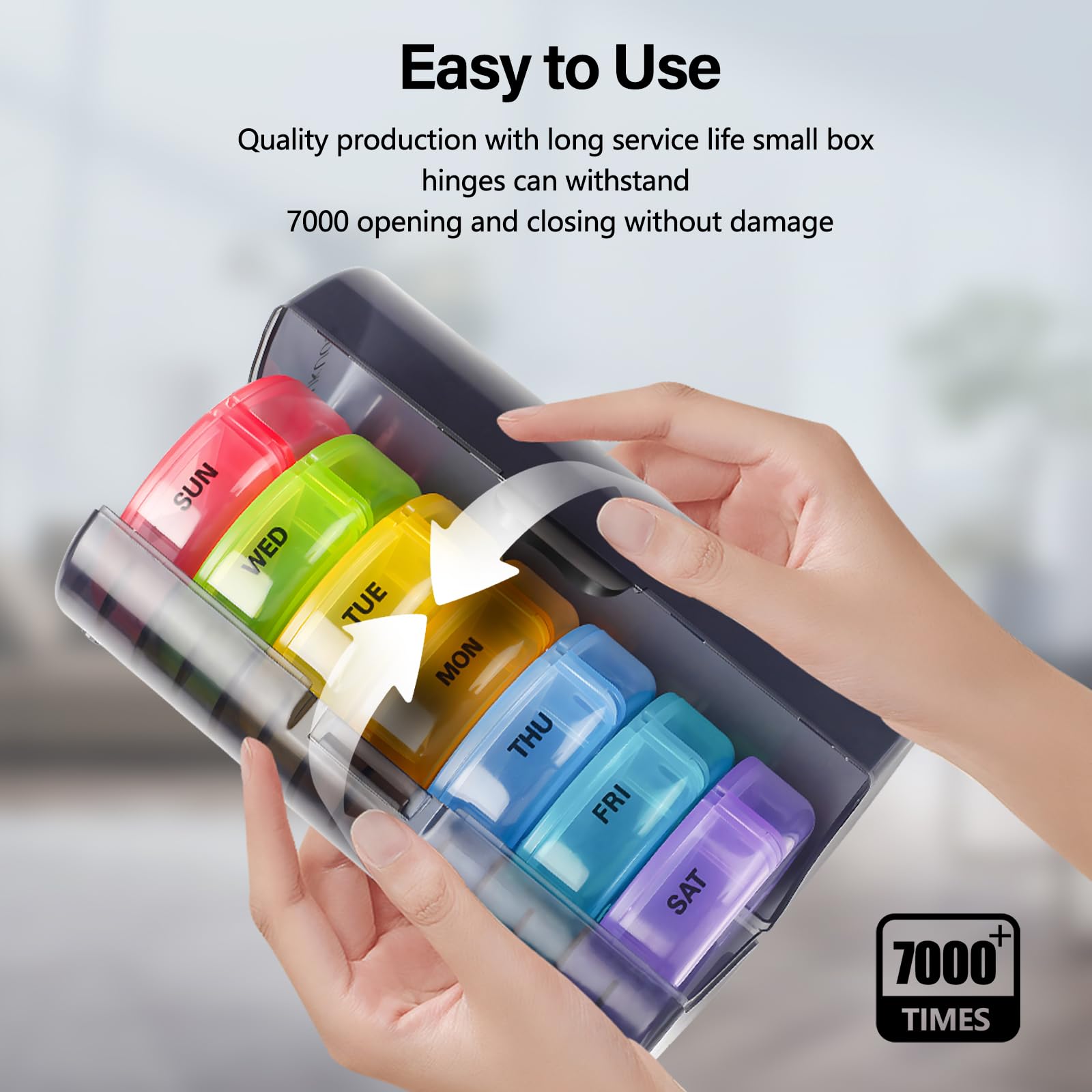 a hand holding a plastic container with colorful plastic containers with text: 'Easy to Use Quality production with long service life small box hinges can withstand 7000 opening and closing without damage SUN WED TUE MON THU FRI SAT 7000 + TIMES'