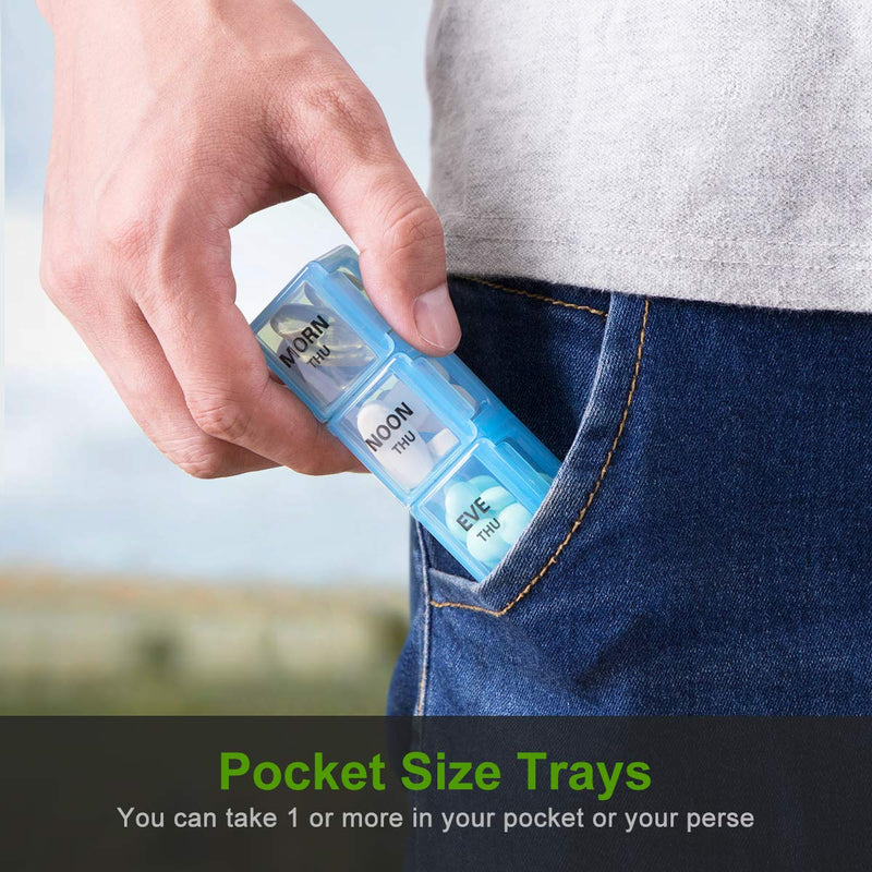 a person holding a container of pills in a pocket with text: 'MORN THU NOON EVE THU Pocket Size Trays You can take 1 or more in your pocket or your perse'