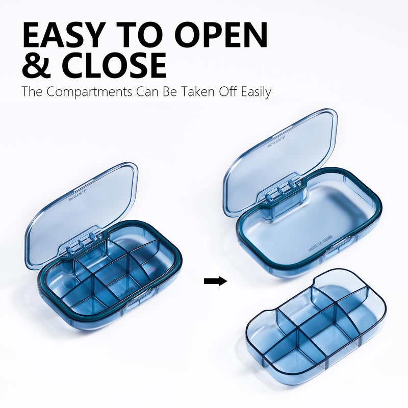 a blue plastic container with a lid with text: 'EASY TO OPEN & CLOSE The Compartments Can Be Taken Off Easily'