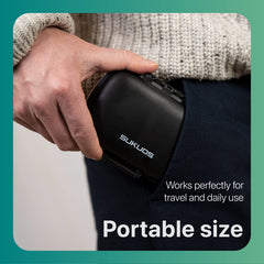 a person holding a portable device with text: 'SUKUOS Works perfectly for travel and daily use Portable size'