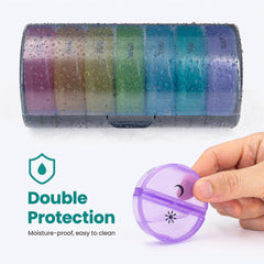 a hand holding a purple container with multicolored circles with text: 'AT Double Protection Moisture-proof, easy to clean'