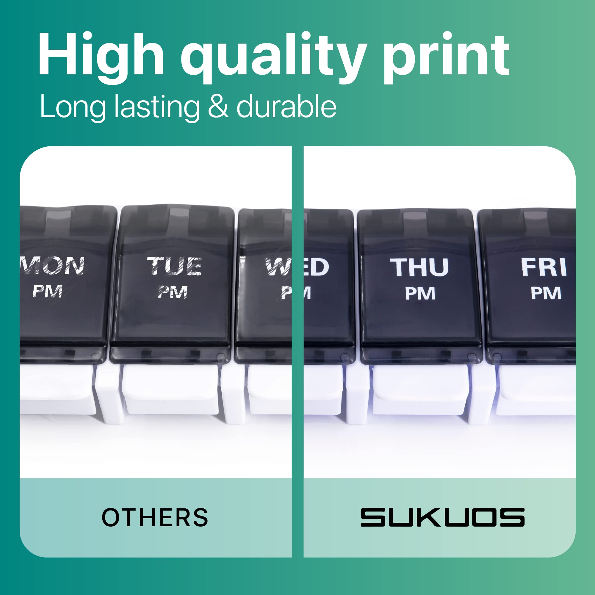 a comparison of a calendar with text: 'High quality print Long lasting & durable MON THU FRI PM PM PM PM OTHERS SUKUOS'