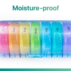 a plastic container with different colored round objects with text: 'Moisture-proof TUE'